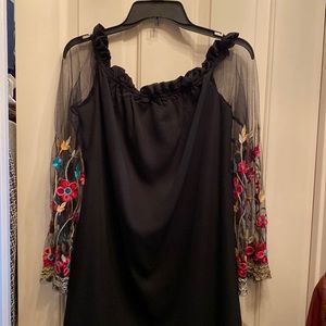 Black dress with sheer long floral sleeves